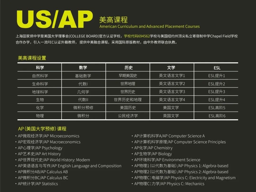 上海田家炳中学国际部：与美国私立名校合作，开设AP/A-Level课程