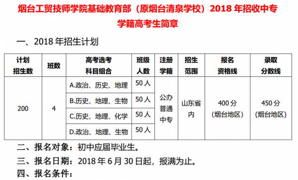 烟台工贸技师学院基础教育部（原烟台清泉学校）2018年招收中专学籍高考生简章